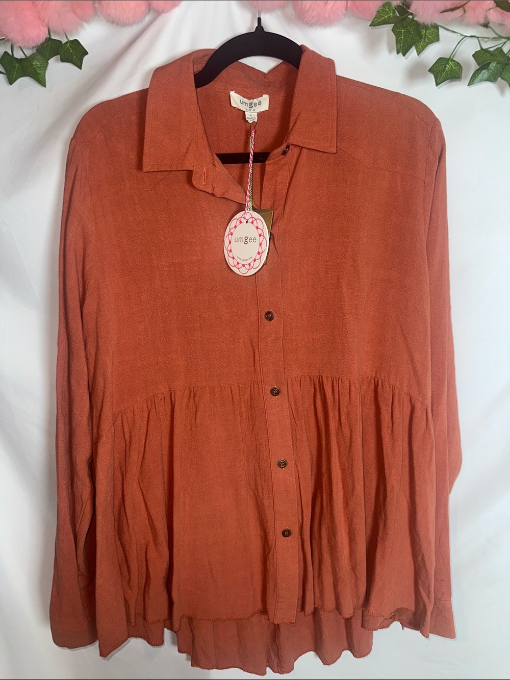 Umgee Rust Button-Front Peplum Shirt